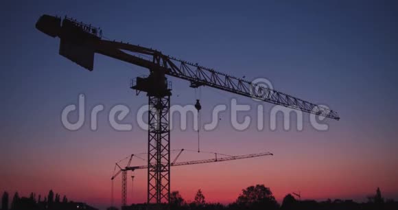 建筑工地乌鸦在日落时坐在建筑工地的起重机上视频的预览图