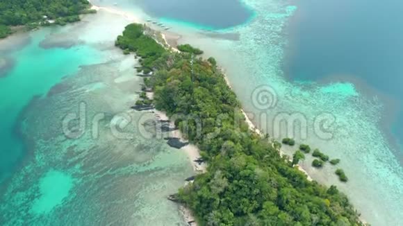 有棕榈树和白色沙滩的热带岛屿的鸟瞰图令人惊叹的热带岛屿位于视频的预览图