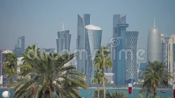 通过模糊的棕榈树俯瞰多哈现代天际线的全景卡塔尔晴天视频的预览图