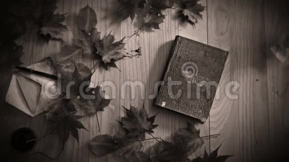 黑白造型动画的一本书与缠绕的叶子和窗帘概念背景视频的预览图