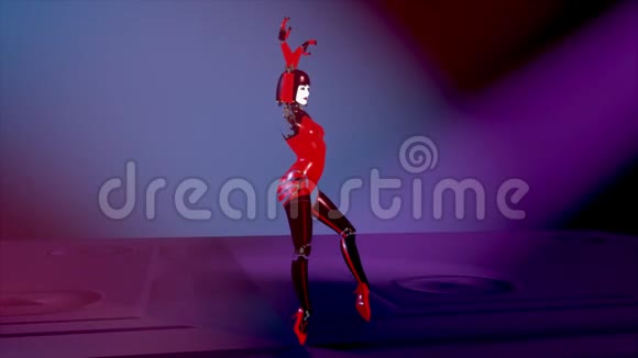 美丽的机器人女孩在霓虹灯下的T台上跳舞人工女性Android舞蹈人工智能时尚和视频的预览图