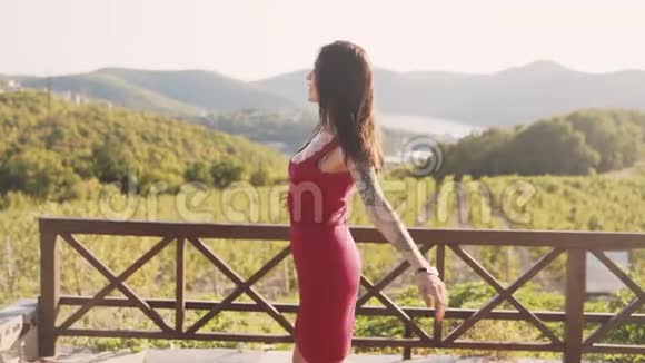 美丽的女人穿着红色连衣裙旋转着笑着背景上的田野慢动作视频的预览图