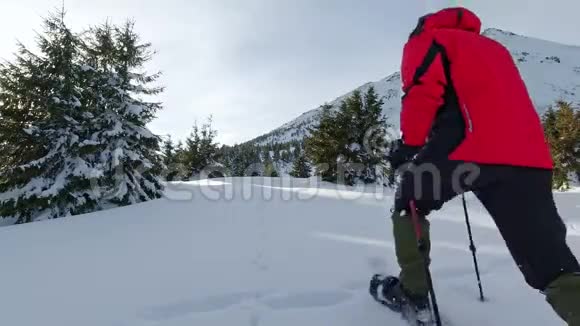 穿雪鞋的游客到山上去视频的预览图