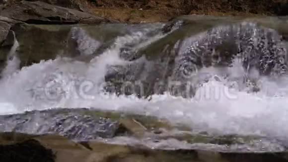 山溪和石头急流与雪水的快速流动冬天的瀑布慢动作视频的预览图