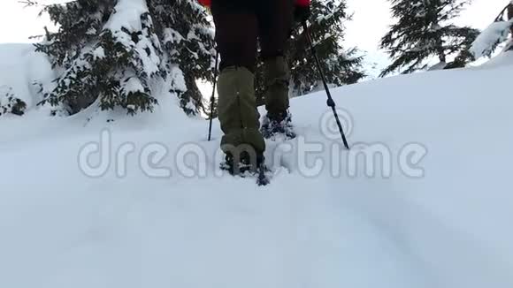 一个穿雪鞋的人在大雪中移动慢动作视频的预览图