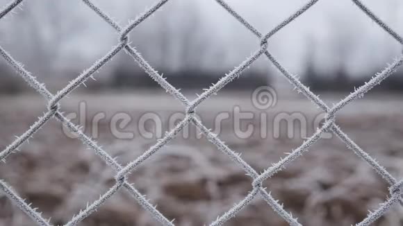 在贫瘠寒冷的冬季景观上用带霜的金属铁丝网视频的预览图