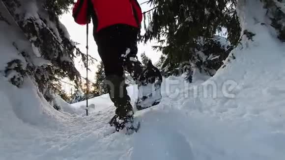 日落时分穿雪鞋的游客在大雪中徒步旅行低一点慢动作视频的预览图