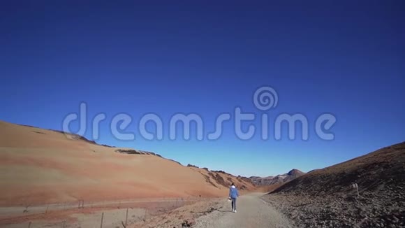 火山景观一个迷人的苗条女孩沿着它下降旅游目的地西班牙泰德视频的预览图