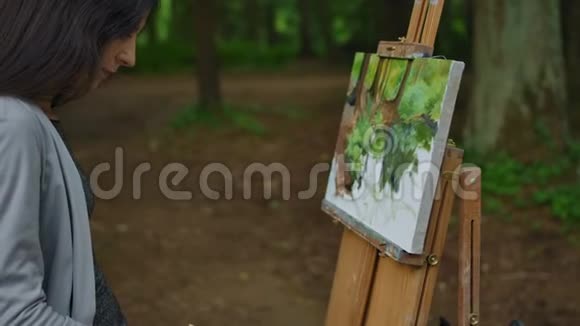 女人的手在公园的画布上画一幅风景画视频的预览图