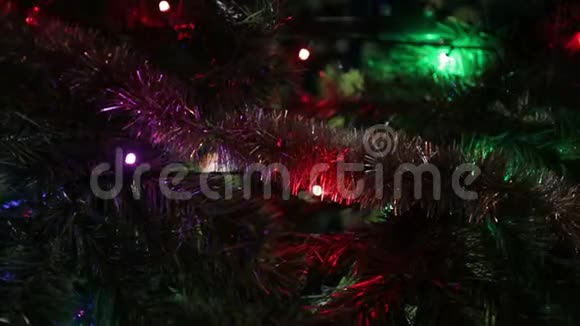 闪烁的圣诞树灯节日花环在树上视频的预览图
