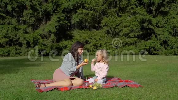 年轻女子和小女孩在户外野餐视频的预览图