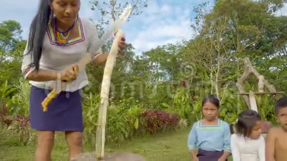 孩子们正在看一个女人用弯刀砍甘蔗视频的预览图