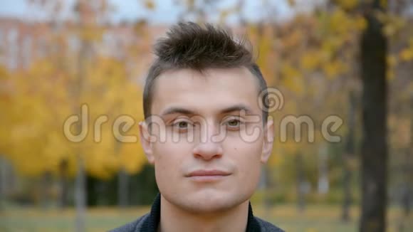 秋天公园一个英俊的二十七岁男孩的肖像黑发视频的预览图