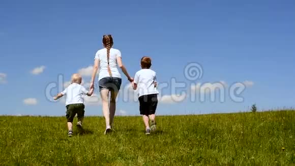 母亲和两个小儿子牵着手在蓝天和云彩的背景下穿过一片绿色的草地视频的预览图