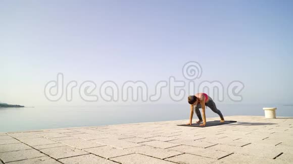 运动健康的女人在海边做侧木板视频的预览图