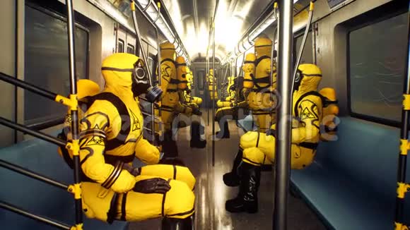 在大流行病期间穿着防护服的人乘坐火车世界末日后的概念视频的预览图