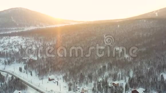 晴天的冬季森林白雪覆盖的枞树大雪纷飞上面的美景视频的预览图