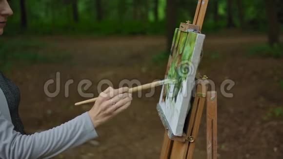 一个女人的侧视她的手在公园的画布上画一幅风景视频的预览图