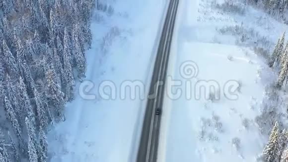 公路穿越冬林航拍无人机在高速公路上行驶汽车树上的雪视频的预览图