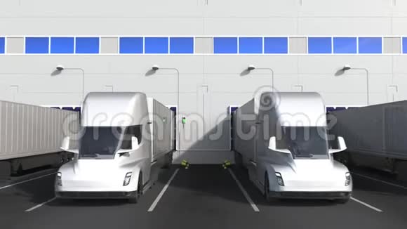 电动半挂车在仓库装货码头与产品的意大利文字意大利物流相关3D视频的预览图