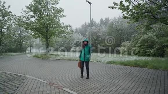 美丽快乐的女孩举手旋转和欢笑玩得开心在绿色的春天公园里玩雪美丽美丽视频的预览图