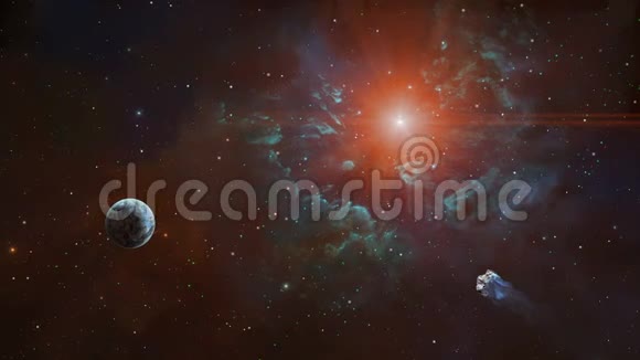 空间背景小行星在五颜六色的星云和恒星中飞向行星美国宇航局提供的元素3D动动画视频的预览图