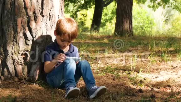 一个小男孩在公园里的一棵树旁玩平板电脑儿童发展的申请视频的预览图