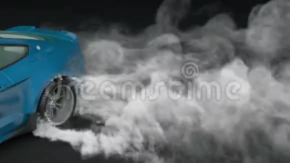 在沥青上漂流跑车燃烧轮胎产生的浓烟循环三维动画视频的预览图