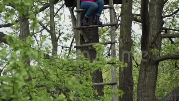 木楼梯站在一棵绿色的大树旁边一个微笑的女孩坐在木楼梯的顶部拍照视频的预览图