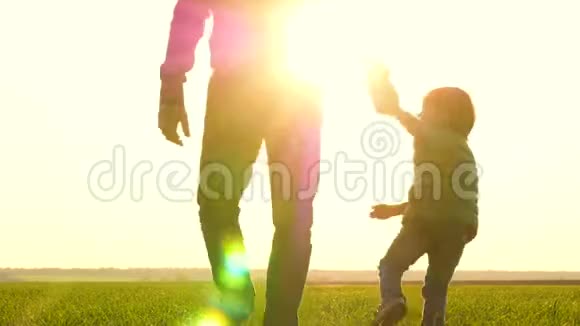 日落时分幸福家庭的剪影父子俩玩跑过一片绿色的草地旅行和生活方式视频的预览图