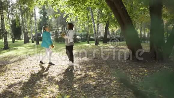 两个高加索女人在秋天的公园里辗转黄叶快乐的家庭一起度过阳光明媚的一天积极青年视频的预览图