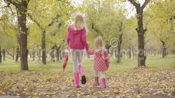 两个穿着粉红色夹克和粉红色橡胶靴的金发女孩在秋天的森林里散步高加索姐妹视频的预览图