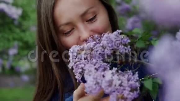穿着舒适毛衣的女孩嗅着紫丁香茂盛的枝条她紧紧地微笑着视频的预览图