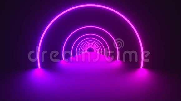 圆形霓虹灯隧道的三维渲染圆形拱廊的紫外线抽象背景计算机生成虚拟现实视频的预览图