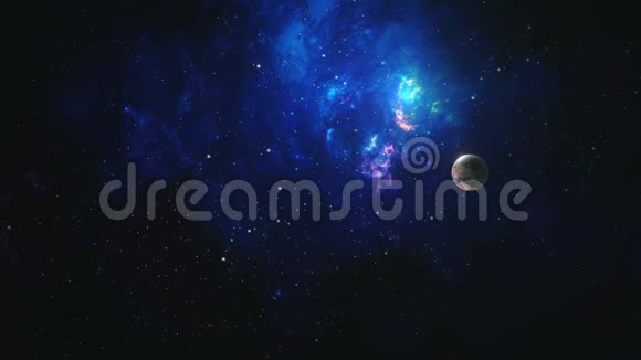 空间背景宇宙飞船以五颜六色的分形蓝色星云与行星飞行美国宇航局提供的元素3D绘制视频的预览图