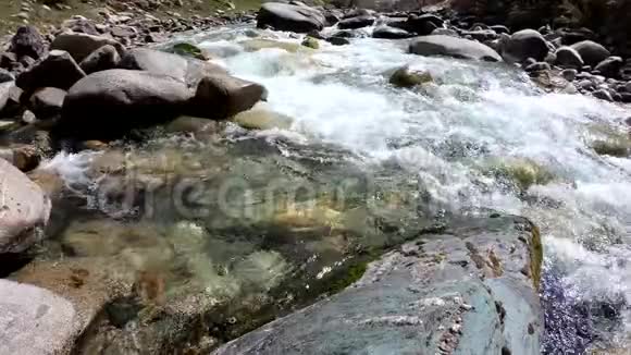 水在山间肆虐的河流中美丽的石头和水的自然背景清澈的水和湍急的河流视频的预览图