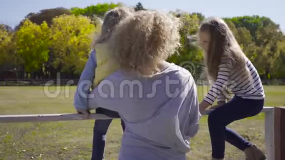 一个女人抱着两个可爱的的白种人女孩坐在科拉尔马在后台吃草视频的预览图