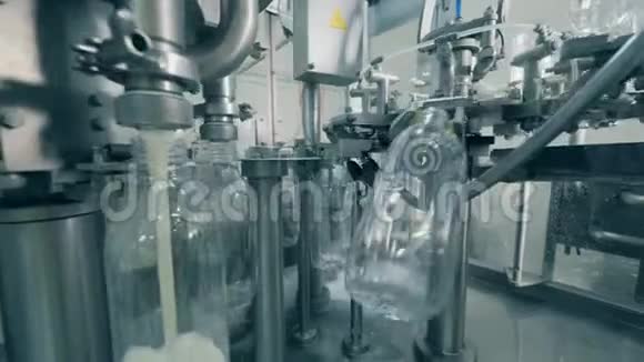 牛奶被运送者倒入空瓶中用牛奶灌装瓶子的自动化过程视频的预览图