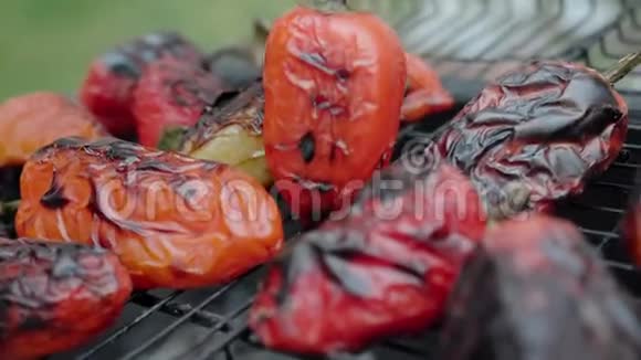 户外烤架上的辣椒特写显示火焰和烟雾蔬菜烤架烧烤视频的预览图