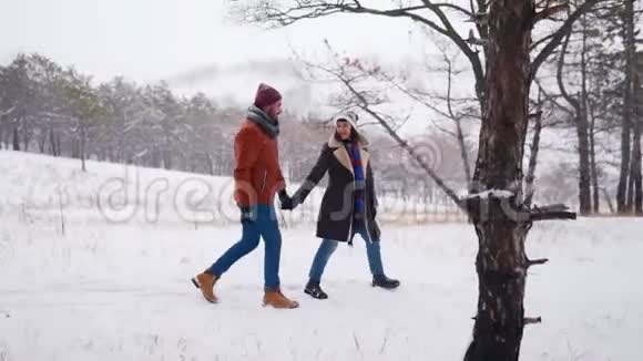 年轻可爱的一对夫妇在下雪的公园里散步男人牵着他的女朋友的手享受冬天的雪视频的预览图