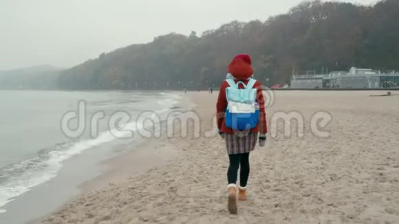 年轻女子背着背包走在雾状秋日的沙滩上视频的预览图