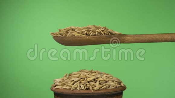 动作缓慢燕麦颗粒从一个木勺上得到足够的睡眠在一堆泥土碗里的种子视频的预览图