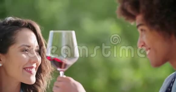 浪漫的年轻女人和男人品尝葡萄酒在意大利葡萄园酒庄进行令人兴奋的私人品尝品酒品视频的预览图