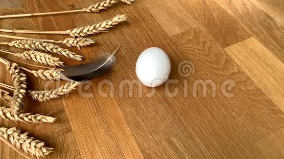 一个白鸡蛋躺在木桌上一只手拿着放大镜走过来视频的预览图