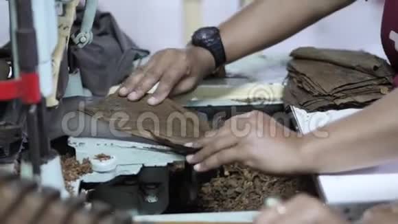 在一家自制的雪茄工厂里用女性的双手操作雪茄卷制机视频的预览图