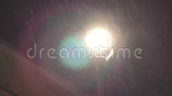圣诞夜降雪中的城市灯笼灯柱在这座城市平静的冬景中雪花飘落视频的预览图