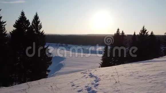 雪域和森林的俯视图四架直升机在日落时拍摄视频的预览图
