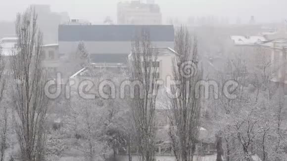意想不到的降雪席卷了这座城市白色蓬松的雪覆盖了广场街道和房屋的城市景观视频的预览图