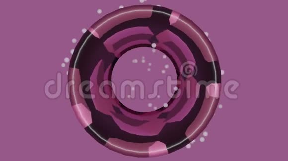 紫色图案圆盘在浅紫色背景上旋转和放大飞行白色半透明粒子摘要视频的预览图