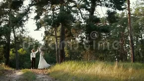 年轻夫妇在阳光下的森林里的山上跳舞视频的预览图